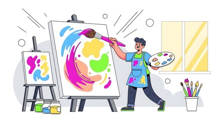 Enthusiastic young artist creating vibrant abstract paintings in bright studio, expressing creativity and passion through colorful artwork