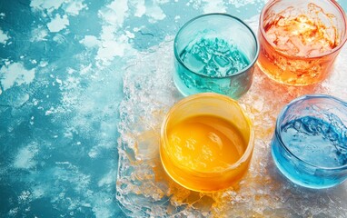 Colorful cocktails in glasses with ice cubes on a blue textured background, perfect for summer drink concept
