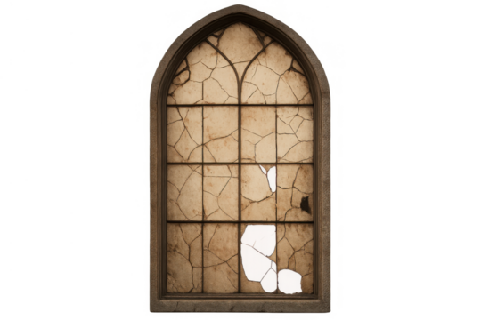 Gothic arched window with broken glass showing decay and ruin, vintage style, transparent background