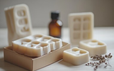 Artisanal soap bars in various shapes with essential oil bottle and dried flowers, showcasing natural skincare products on a neutral background