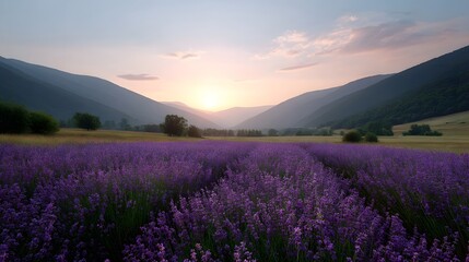 Fototapeta premium A scenic view of a vast lavender field bathed in the soft light of dawn with rolling hills in the background