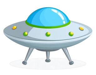 A cartoon image depicting a classic flying saucer with a transparent dome, emitting a light. It has three landing legs