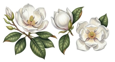 Elegant white magnolia blossoms with lush green leaves