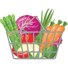 Fresh Produce Assortment in Metal Shopping Basket Including Asparagus Cabbage Tomatoes Cauliflower...