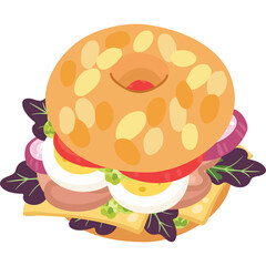 Freshly Made Bagel Sandwich With Ham Cheese Egg Tomato Red Onion and Green Lettuce On Transparent Background