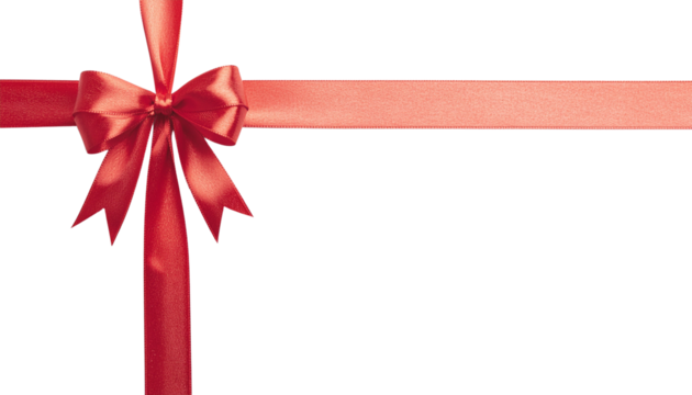 A beautifully arranged red ribbon with a bow positioned centrally on a solid white background. solid white background