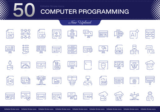 Computer Programming stroke icon. Computer Programming line icon set. editable stroke icon pack. Line, Thin, Linear Style Icon Bundle. Fully Customizable Code, Algorithm, Debugging, Compiler, Syntax