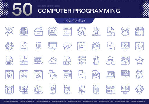 Computer Programming stroke icon. Computer Programming line icon set. editable stroke icon pack. Line, Thin, Linear Style Icon Bundle. Fully Customizable Code, Algorithm, Debugging, Compiler, Syntax