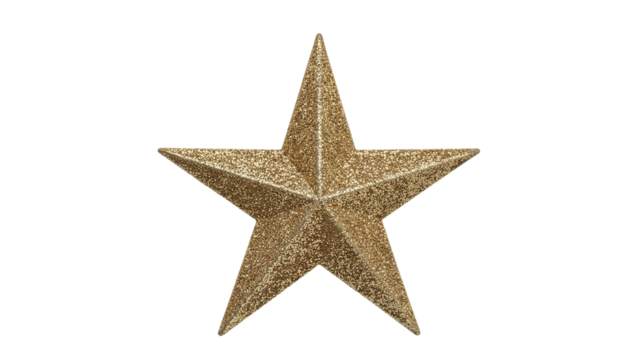Golden five-pointed star with a textured surface displayed against a plain white background, object on white