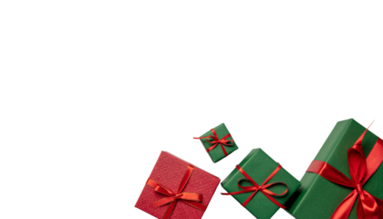 Colorful gift boxes with red ribbons in various sizes arranged diagonally on a plain background isolated on white