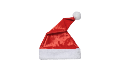 A festive red and white santa hat with a fluffy pom-pom at the top displayed against a plain background alpha channel