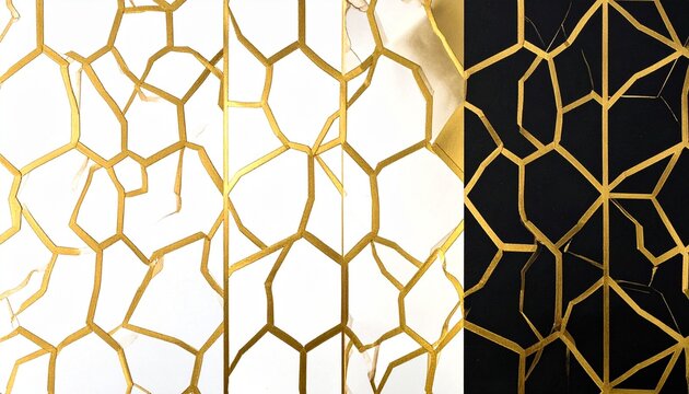 Gold Geometric Line Pattern on White, Gold, and Black Background Panels
