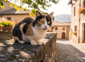 Tricolor Street Cat Portrait in a Sunny Mediterranean Village