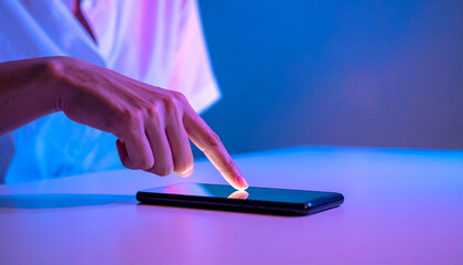 Hand touching a screen of a mobile phone, healthcare professional with scrubs shirt, blurred background, medical technology  