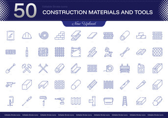 Construction Materials and Tools stroke icon. Construction Materials and Tools line icon set. editable stroke icon pack. Line, Thin, Linear Style Icon Bundle. Fully Customizable Concrete, Hammer