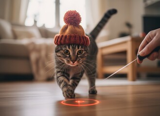 Focused Feline with Pom-Pom Hat Playing with Laser Pointer