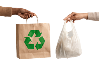 Hands offer paper vs. plastic bags. Recycling, ecology