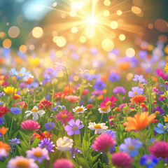 Fototapeta premium Sun- Drenched Wildflower Meadow with Soft Bokeh and Vibrant Colors flowers nature