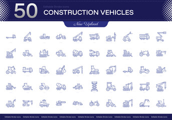 Construction Vehicles stroke icon. Construction Vehicles line icon set. editable stroke icon pack. Line, Thin, Linear Style Icon Bundle. Fully Customizable Excavator, Bulldozer, Crane, Loader, Dumptru