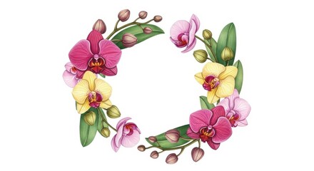 Oval wreath of colorful orchids and green leaves