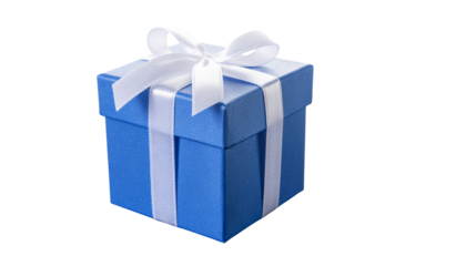 A neatly wrapped blue gift box with a white ribbon and bow sitting on a plain white background, alpha channel