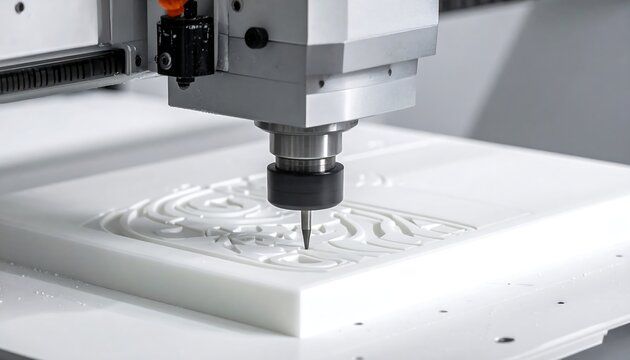 A close-up view of a CNC machine etching a detailed design into a white material, showcasing its precision