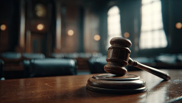 Gavel resting on a wooden table in a courtroom