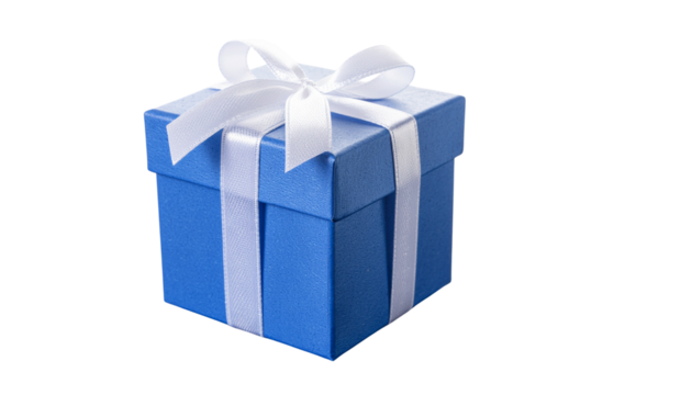 A neatly wrapped blue gift box with a white ribbon and bow sitting on a plain white background, alpha channel