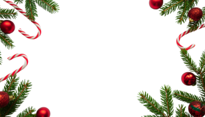 Festive arrangement of christmas tree branches, red ornaments, and candy canes framing a blank space, object on white