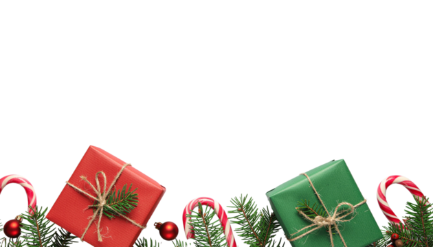 Christmas gifts in red and green wrapped with twine, surrounded by pine branches and candy canes, studio shot on white
