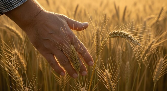 Farmer inspects golden wheat field at sunset showing healthy crop growth