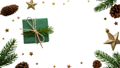 A green gift box with twine and pine branches surrounded by golden stars and pine cones on a white background no background