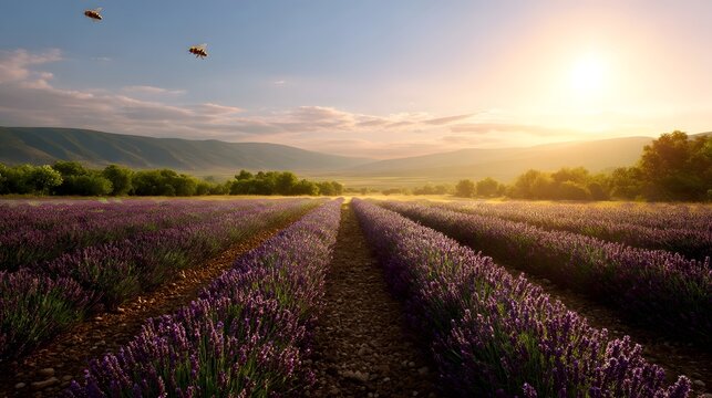 Idyllic lavender field bathed in golden sunrise light with bees flying