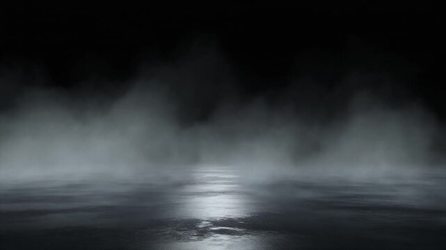 Thick white smoke or fog rising from a dark, reflective wet surface with dramatic lighting.
