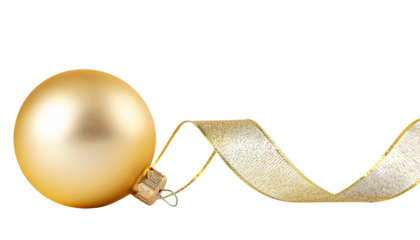 Shiny gold christmas ornament with a golden ribbon elegantly draped beside it on a plain white background object on white