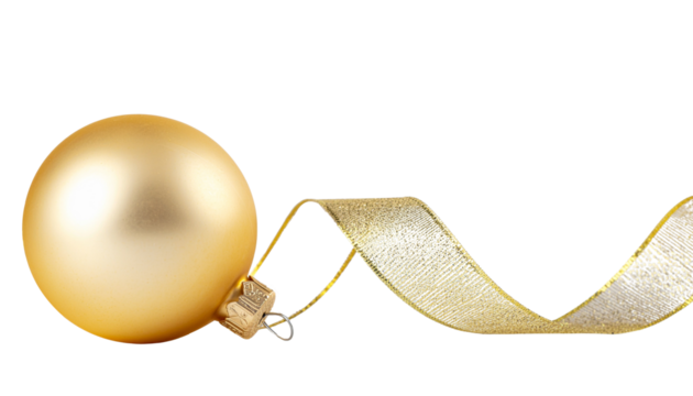 Shiny gold christmas ornament with a golden ribbon elegantly draped beside it on a plain white background object on white