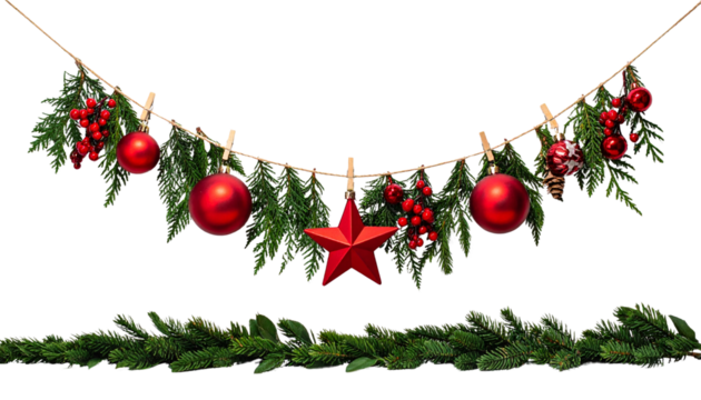 Festive holiday decorations featuring red ornaments, a star, and greenery on a string against a pure white background