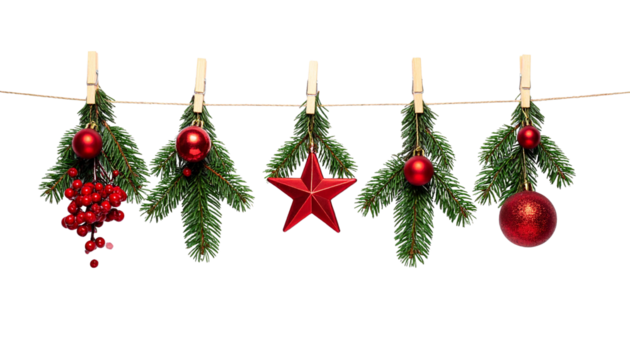 Festive holiday decorations featuring red ornaments and greenery hanging on a string against a clean white background