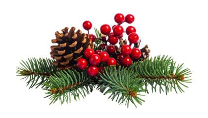 Festive arrangement of pine cones and bright red berries on green pine branches against a white background, alpha channel