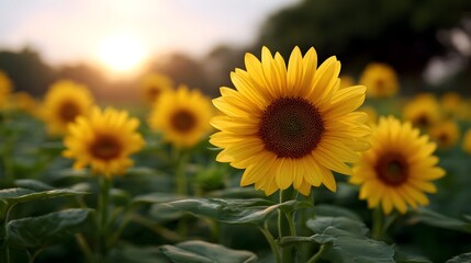 Obraz premium A field of bright yellow sunflowers basks in the warm glow of the setting sun during golden hour