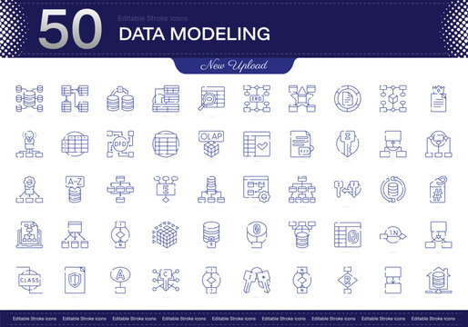Data Modeling stroke icon. Data Modeling line icon set. editable stroke icon pack. Line, Thin, Linear Style Icon Bundle. Fully Customizable Schema, Entities, Relationships, Normalization, Attributes