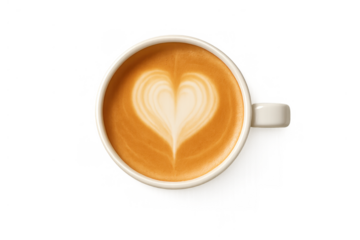 Coffee drink with heart shaped latte art in white mug on transparent background symbolizing love and morning energy