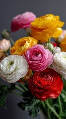 Fototapeta premium Bright ranunculus flowers in varying colors arranged in a vase, showcasing their beauty and vibrant hues