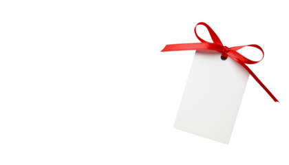 Blank white tag with a red ribbon bow tied at the top against a clean white background, product shot isolated