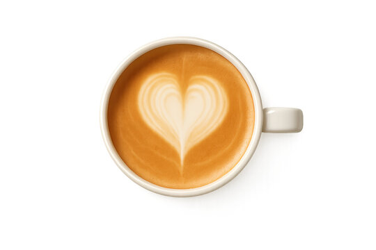 Coffee drink with heart shaped latte art in white mug on transparent background symbolizing love and morning energy