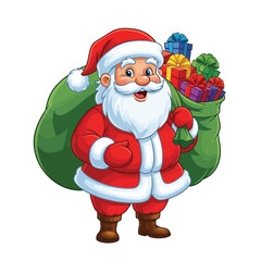 Cheerful vector illustration of Santa Claus carrying a gift bag, ideal for Christmas marketing, greeting cards, and seasonal promotions.