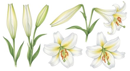 Delicate white lily flowers and buds in various stages of bloom
