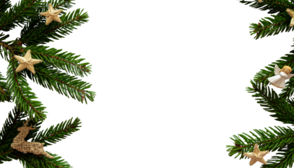 Decorative christmas tree branches adorned with stars and a small deer ornament, isolated on a neutral background