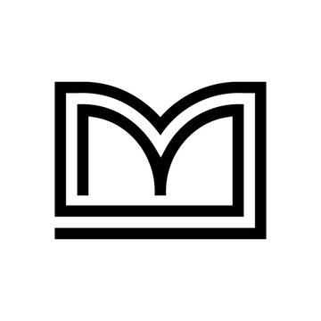 A minimalist black and white logo featuring a stylized letter M with double lines, resembling an open book or architectural structure.