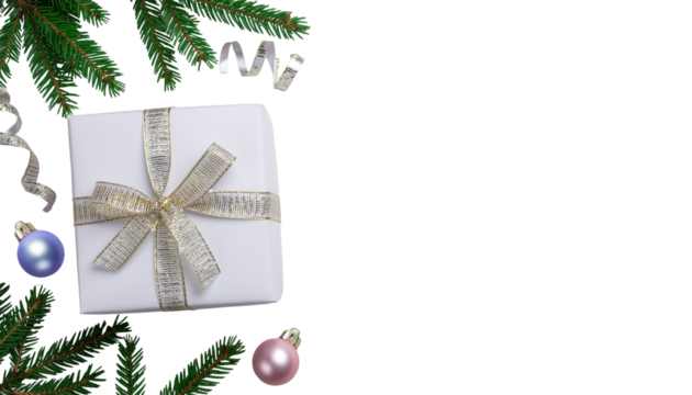 A beautifully wrapped white gift box with a gold ribbon surrounded by festive decorations and ornaments no background